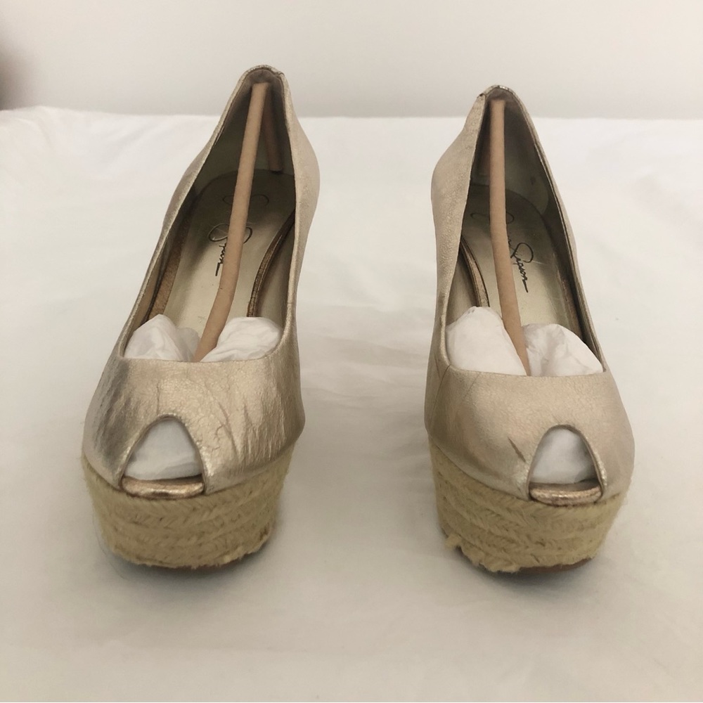 Jessica Simpson Women's Peep Toe Gold Espadrille Wedges Sz 8.5